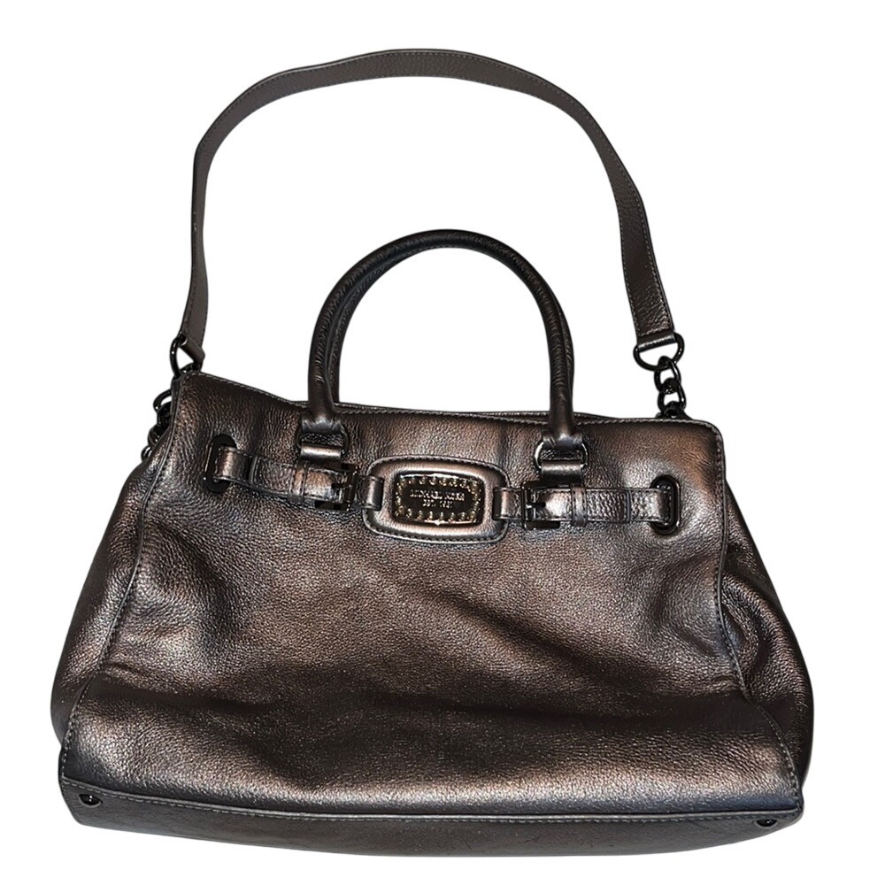 Michael‎ Kors Leather Hamilton Jewel Tote Gunmetal Metallic Shoulder Bag Purse